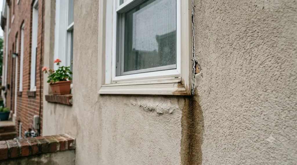 Moisture damage and water staining around a stucco window