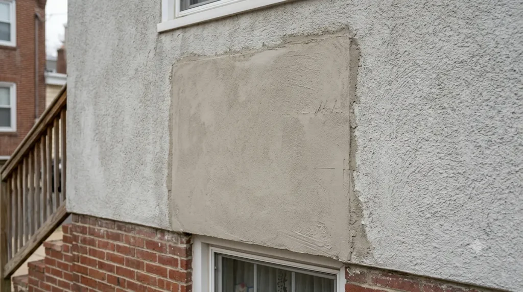 Mismatched stucco repair texture and color on an exterior wall