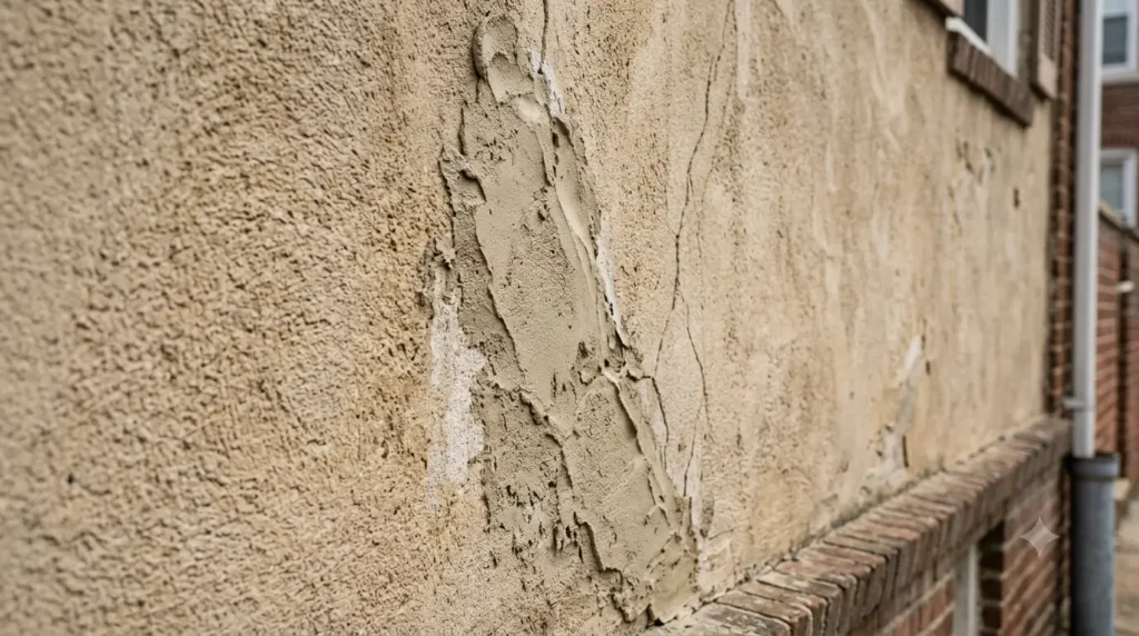 Moisture damage and water staining around a stucco window